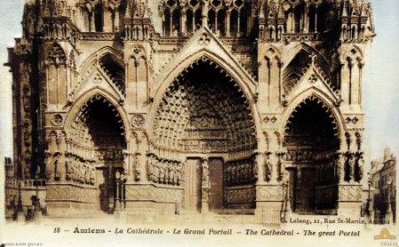 The main entrance to the Gothic Cathedral at Amiens.